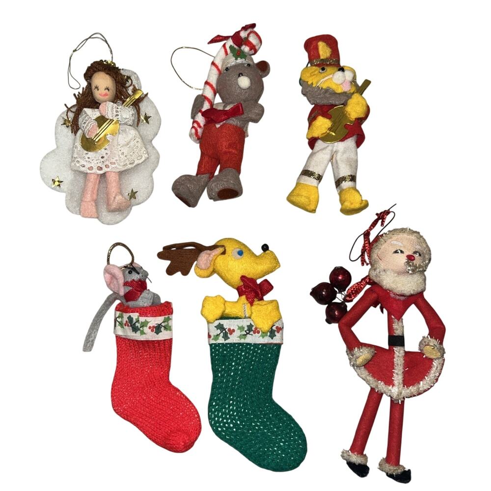 Vintage Mid Century Hand Made Christmas Ornaments Felt Cloth Kitschy Cute